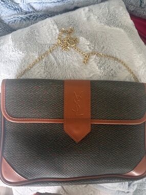 Fashion Bag with  Brown Trim Black Woven Shoulder Bag with Gold Chain